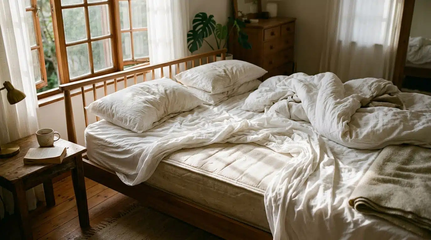 Lit défait le matin avec draps froissés au soleil