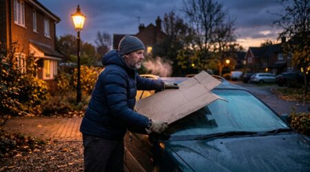 Homme posant un carton sur son pare-brise le soir