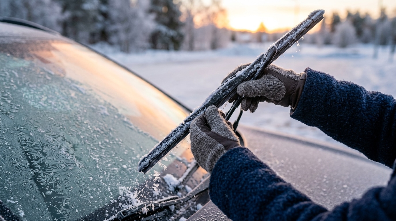 Mains dégageant un essuie-glace gelé délicatement
