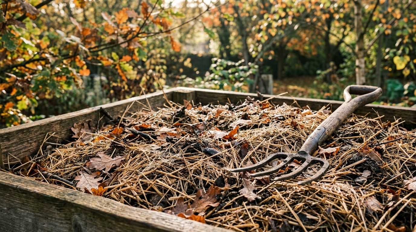 Paillage épais de feuilles sur terre de jardin