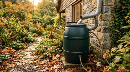 Cuve de récupération d'eau branchée à une gouttière