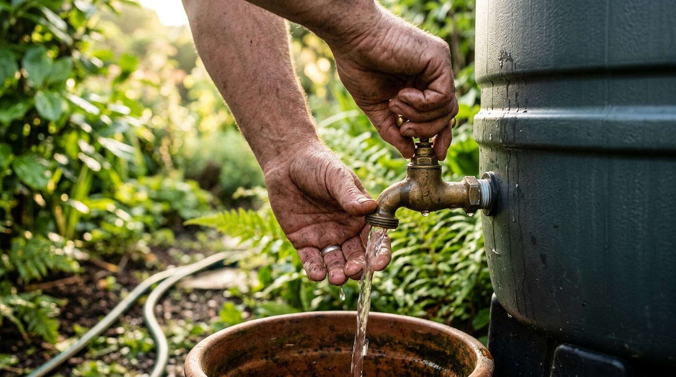 Main ouvrant le robinet d'une cuve de jardin