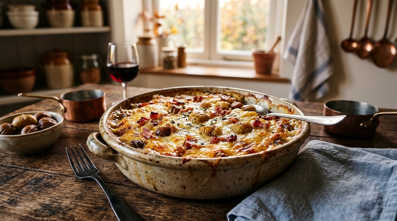 Gratin de châtaignes lardons et comté doré à la sortie du four