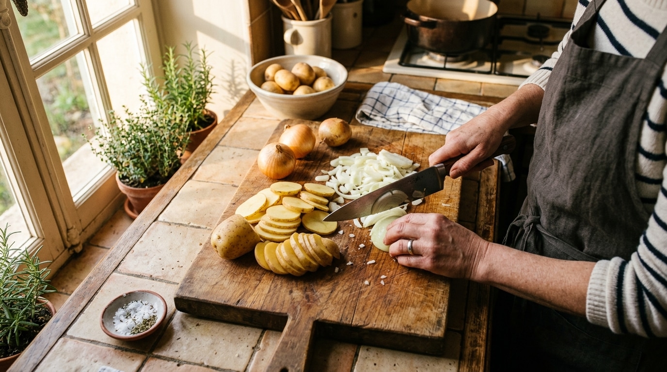 Femme tranchant pommes de terre et oignons pour un gratin