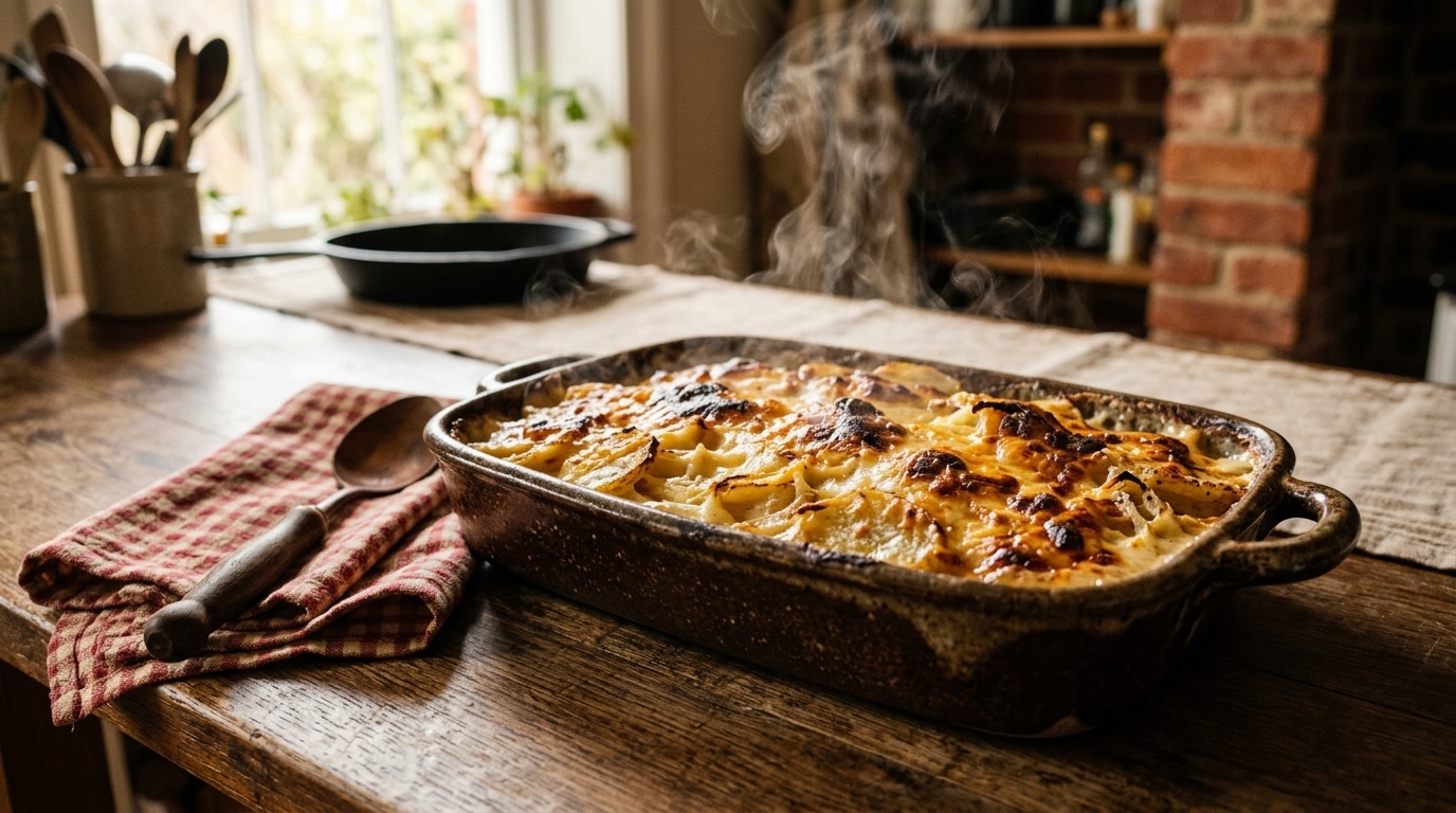 Gratin de pommes de terre et oignons doré sortant du four