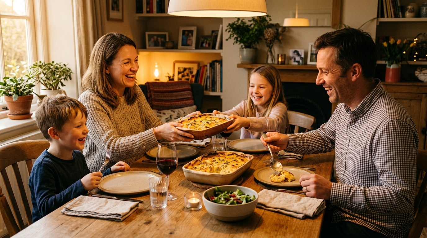 Famille partageant un gratin de pommes de terre à table