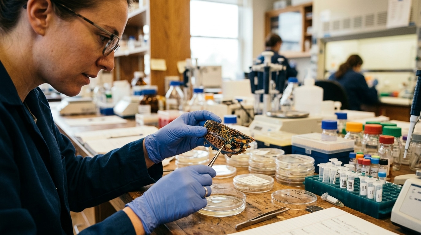 Chercheur manipulant un échantillon de homard en laboratoire