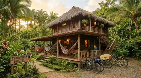 Hostel tropical en bois entouré de jungle au Costa Rica