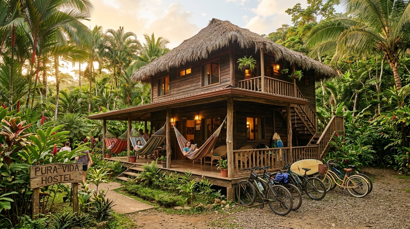 Hostel tropical en bois entouré de jungle au Costa Rica
