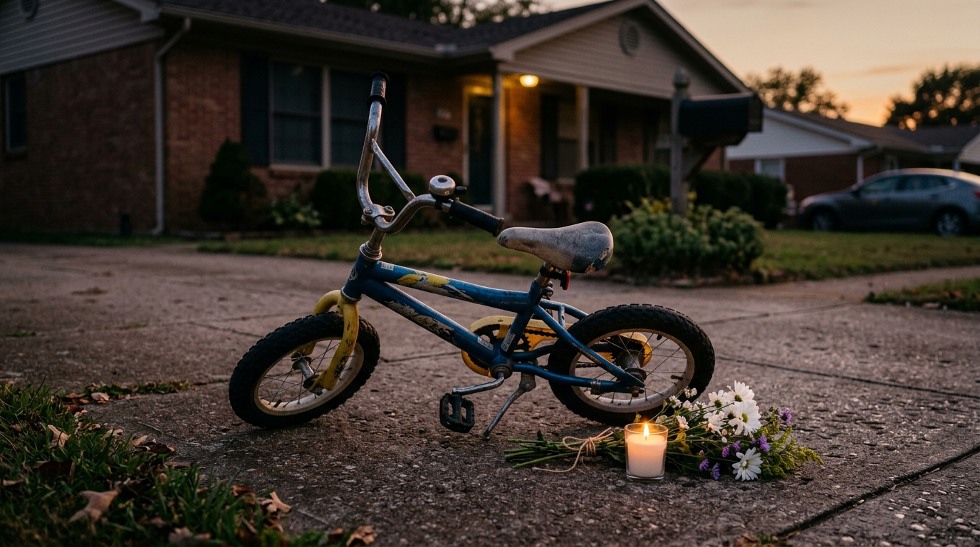 Vélo d'enfant et bougie sur une allée de maison