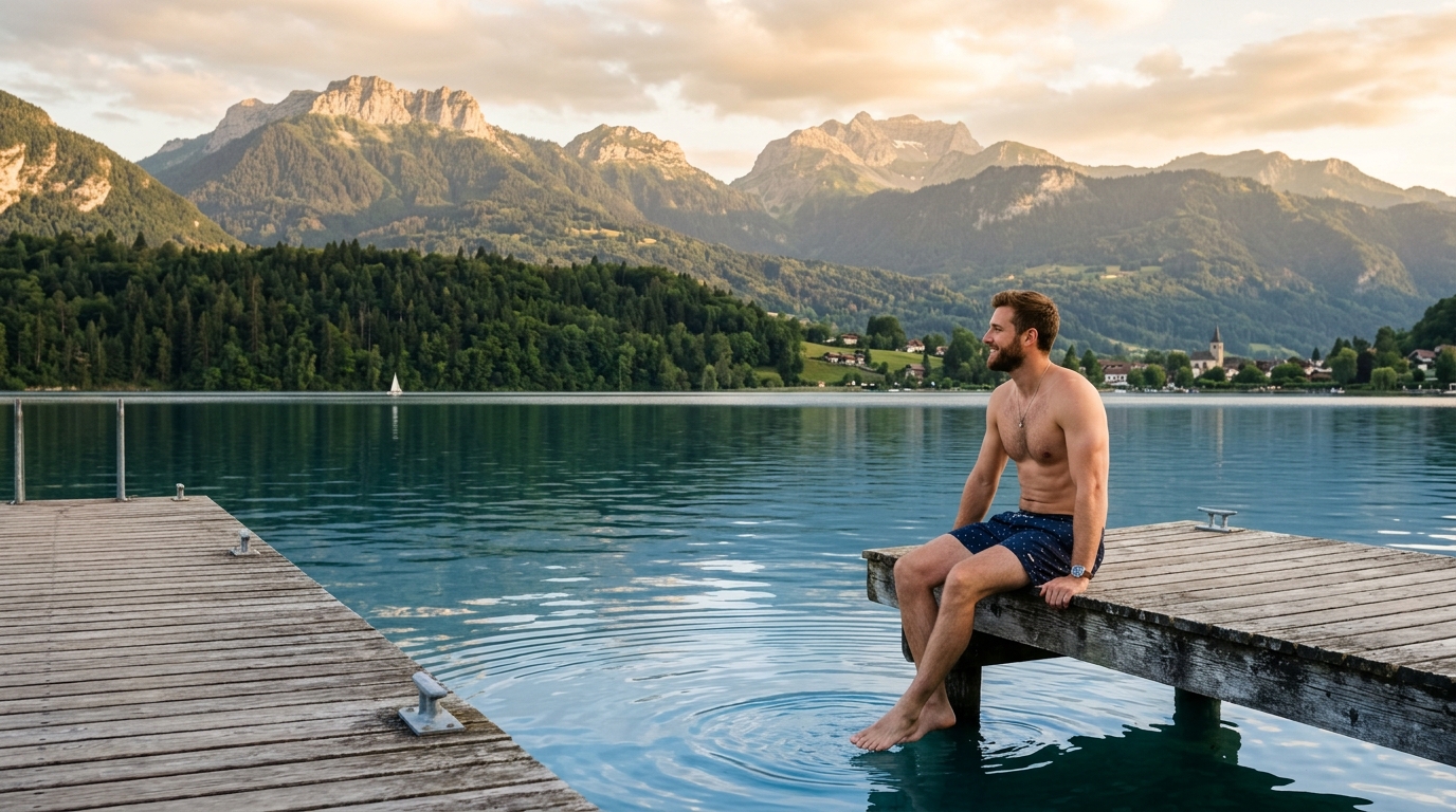 Homme détendu au bord du lac d'Annecy en fin d'été