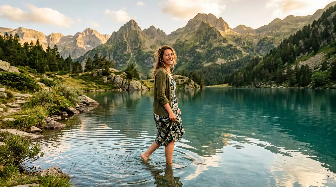 Femme se baignant dans un lac de montagne ensoleillé