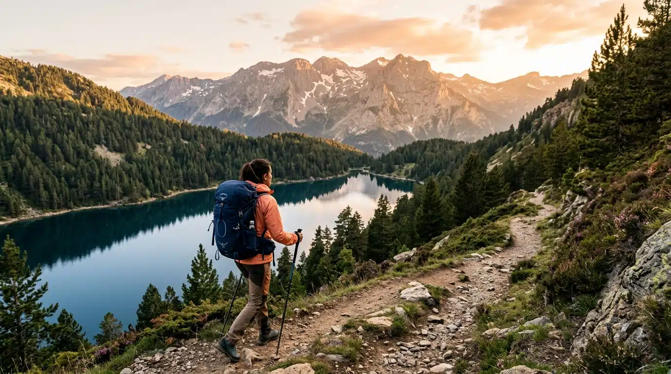 Randonneur sur un sentier surplombant un lac pyrénéen