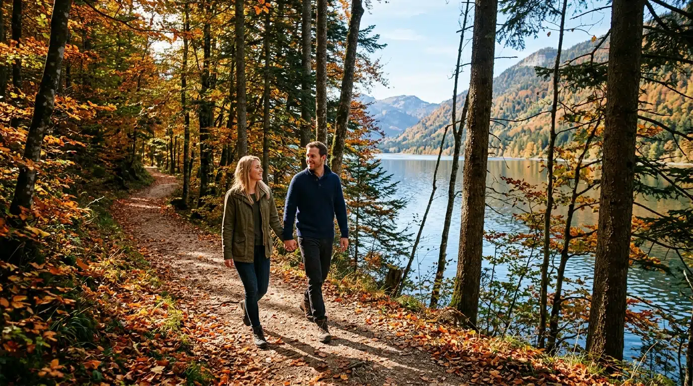 Randonneurs sur un sentier autour du lac du Jura