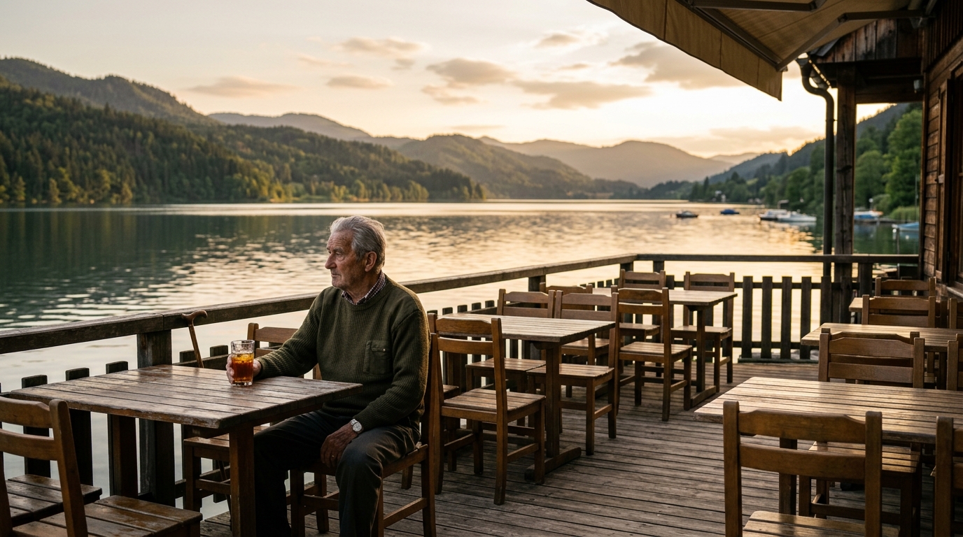 Buvette au bord du lac du Jura presque vide