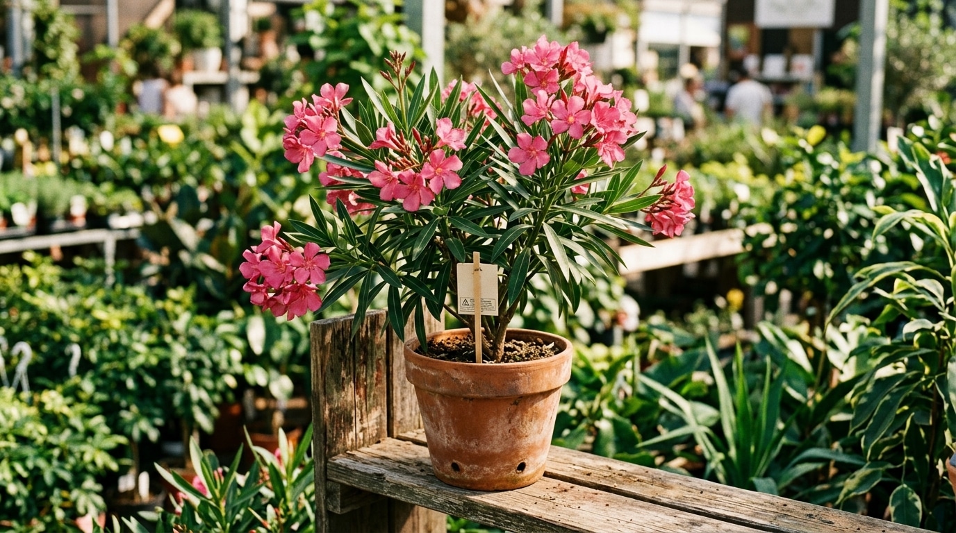 Pot de laurier-rose en fleurs sur étagère de jardinerie