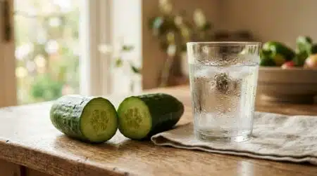 Concombre coupé en deux près d'un verre d'eau