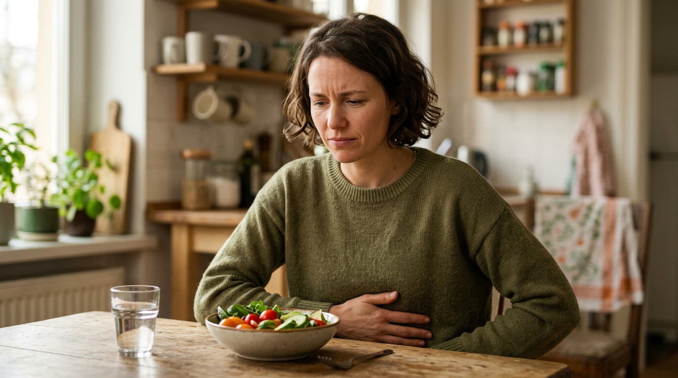 Personne tenant son ventre près de légumes frais
