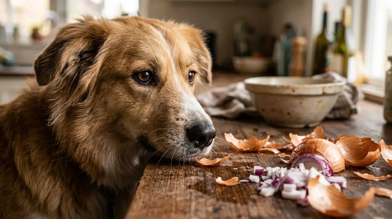 Chien curieux reniflant des épluchures d'oignon en cuisine