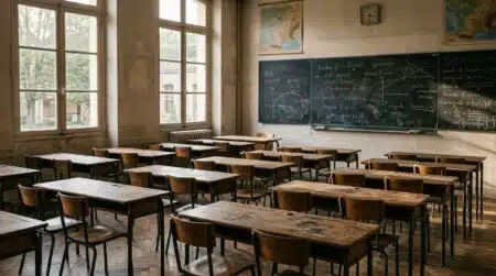 Salle de classe vide avec tableau couvert d'équations