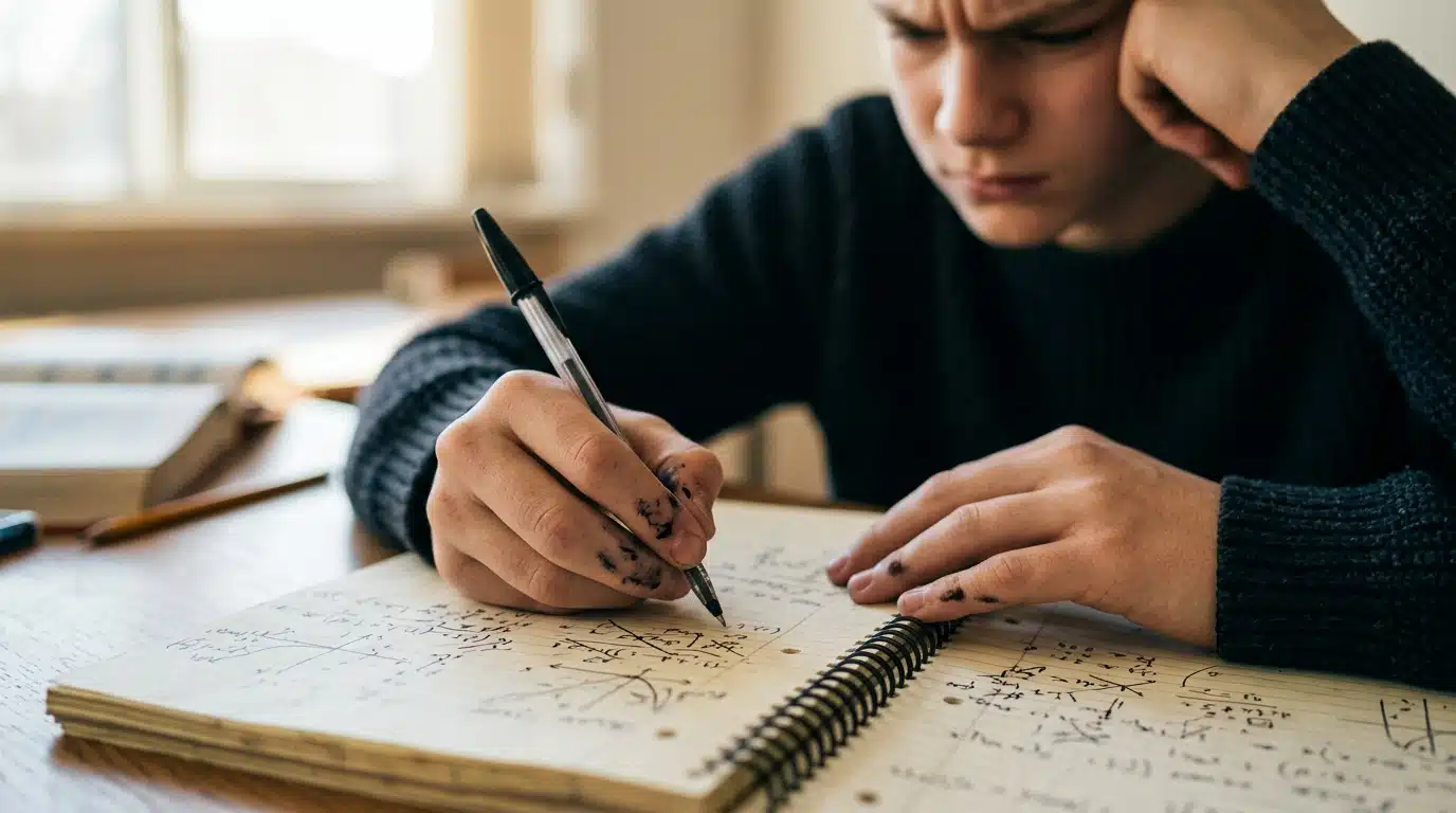Élève écrivant des calculs raturés dans un cahier
