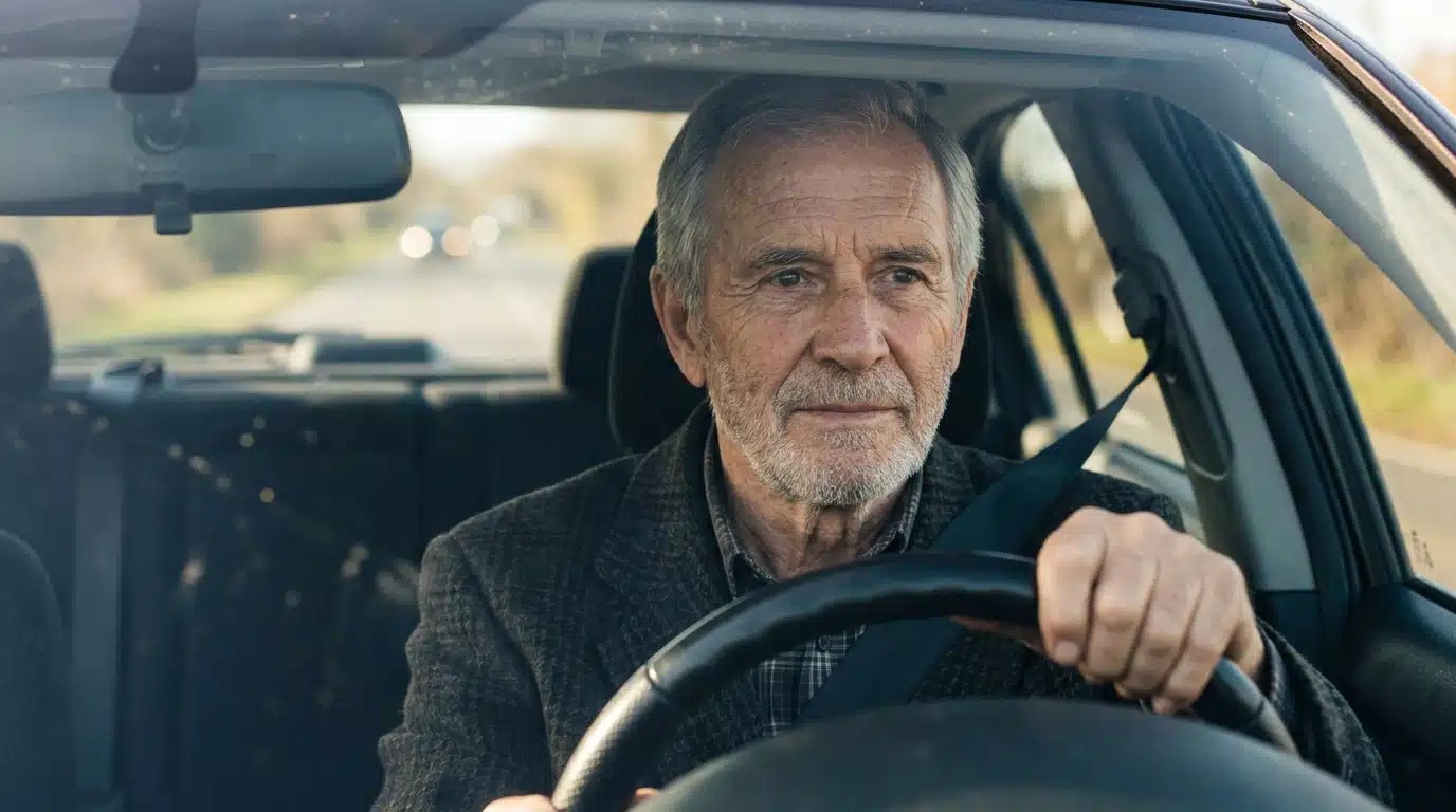 Conducteur senior souriant au volant de sa voiture