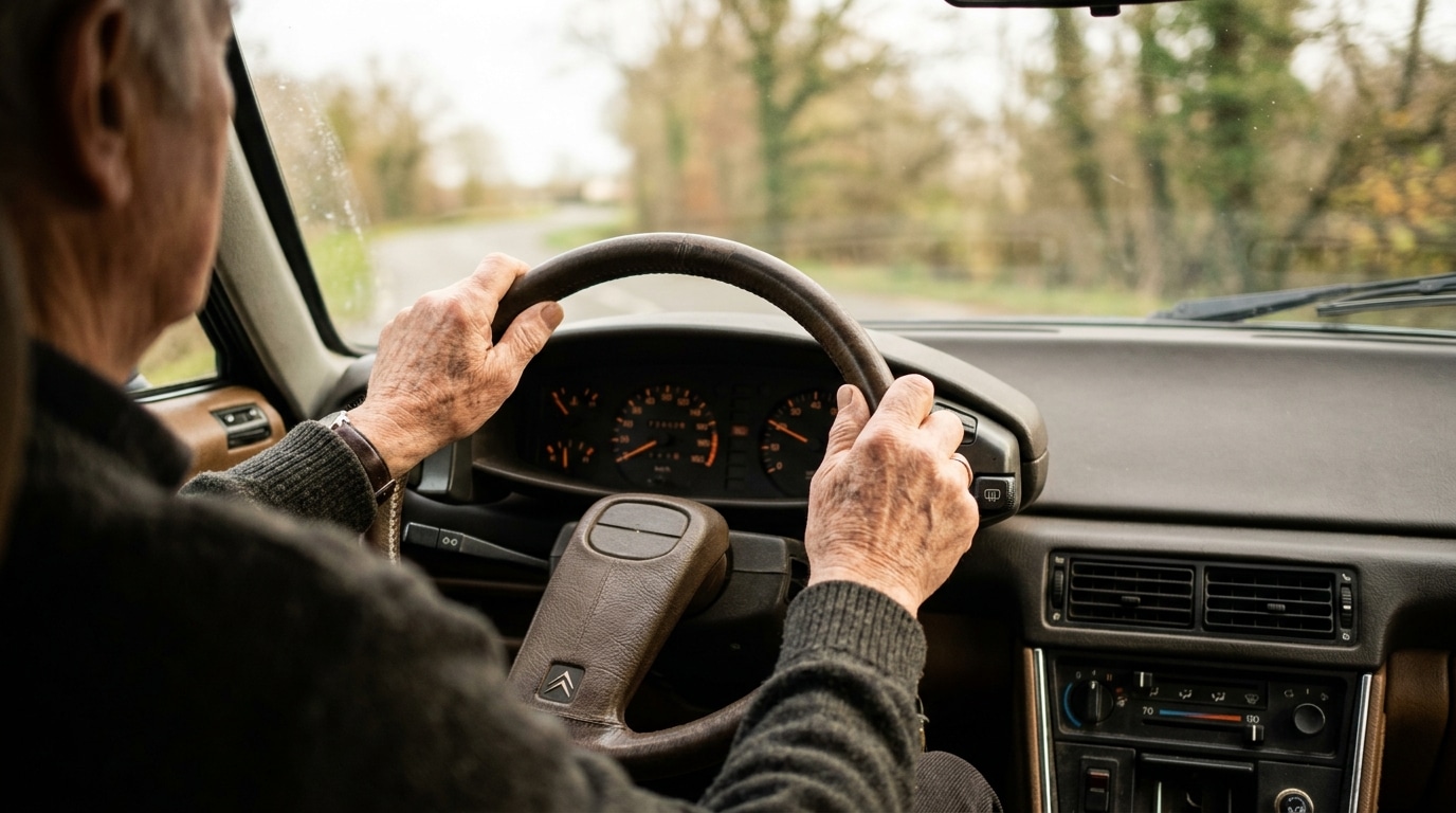 Mains âgées posées sur un volant de voiture