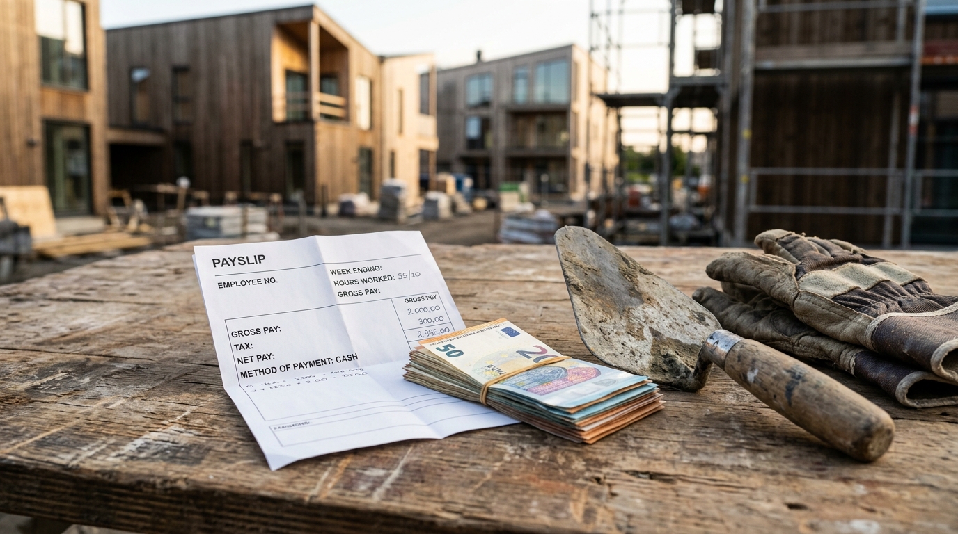Truelle et gants de maçon posés sur une table