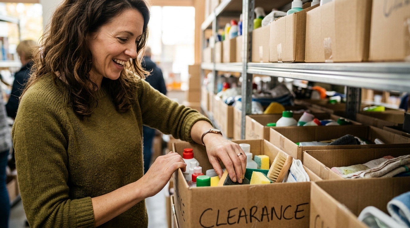 Cliente souriante fouillant des cartons de promotions