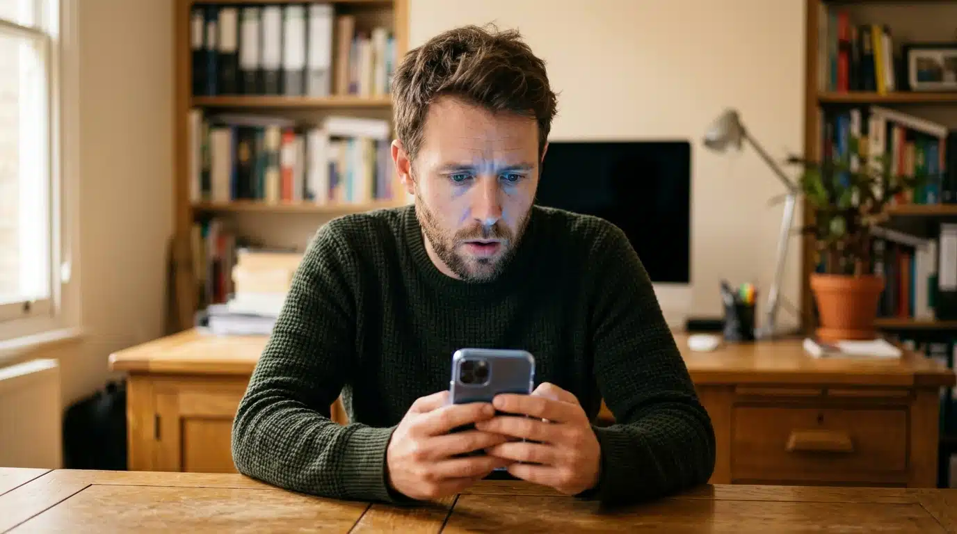 Homme surpris regardant une notification de sécurité sur smartphone