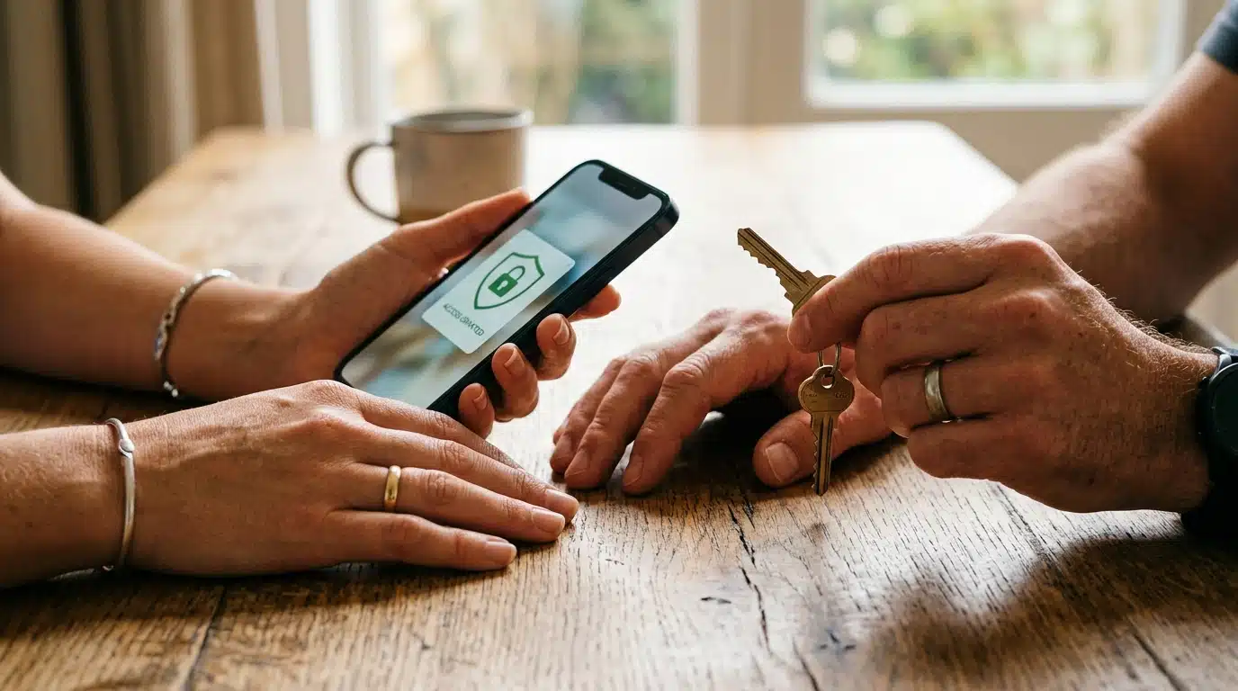 Mains tenant un smartphone et une clé de maison