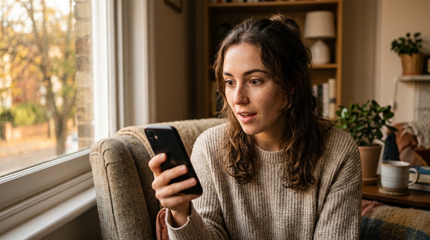 Personne surprise en lisant un message sur son téléphone