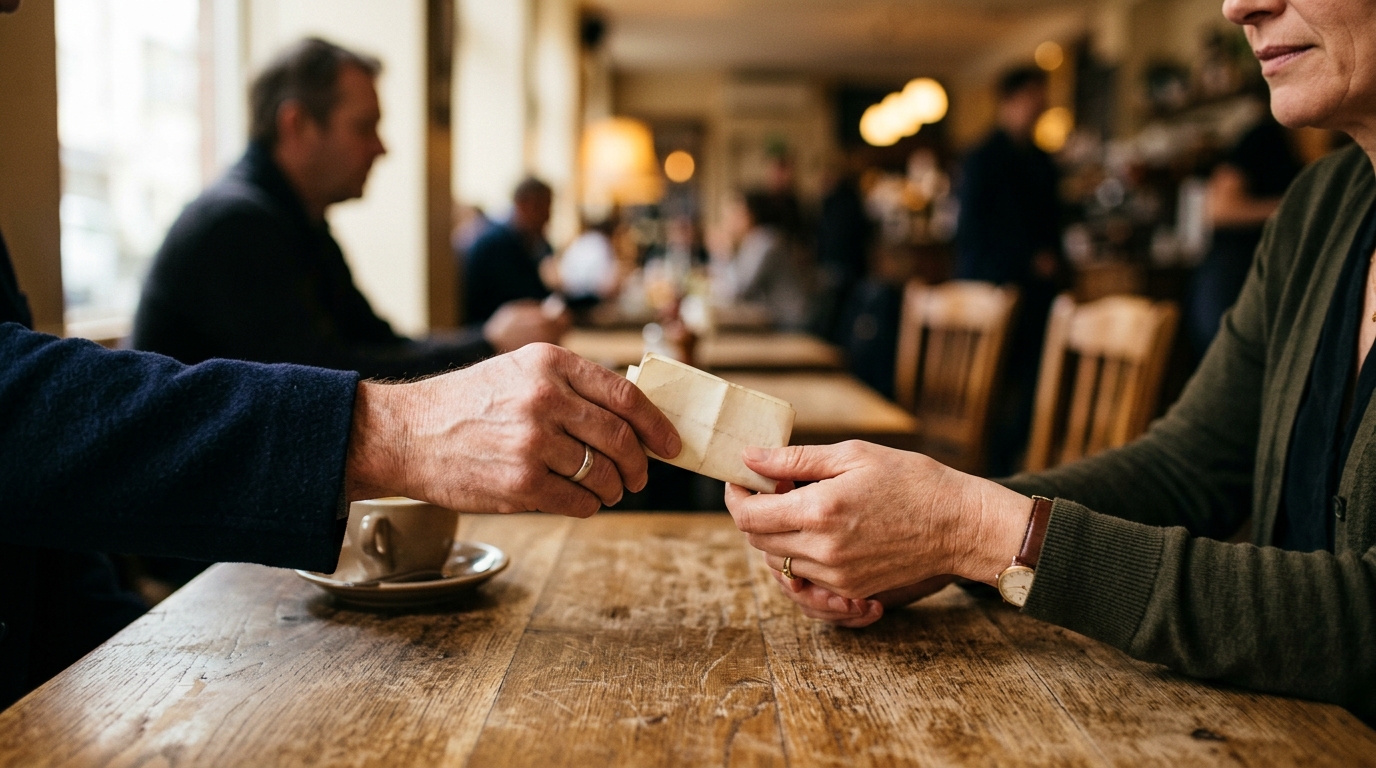 Mains échangeant un mot discret à une table de café