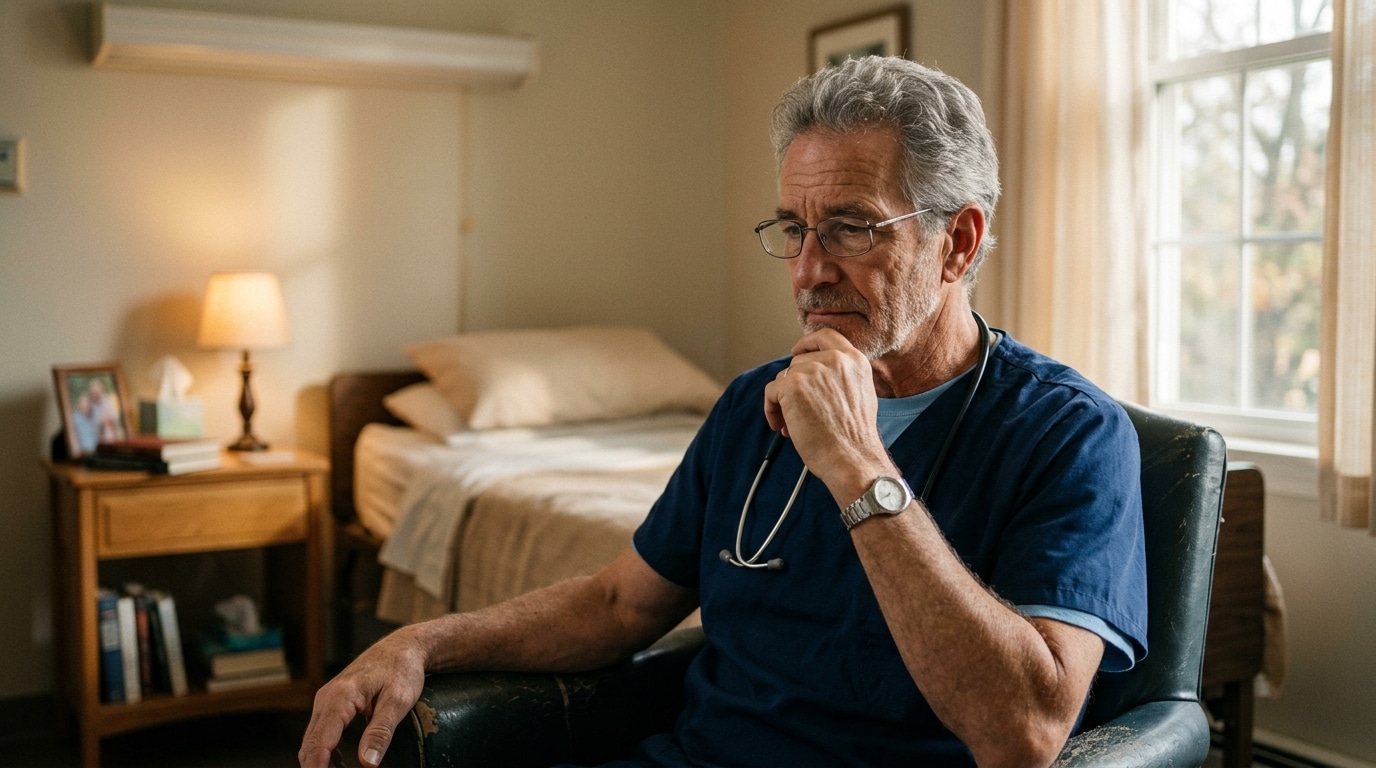 Médecin en soins palliatifs au regard pensif et grave