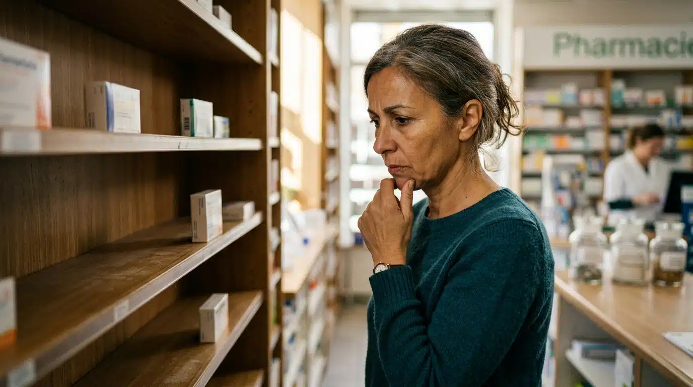 Client inquiet devant une étagère de pharmacie vide