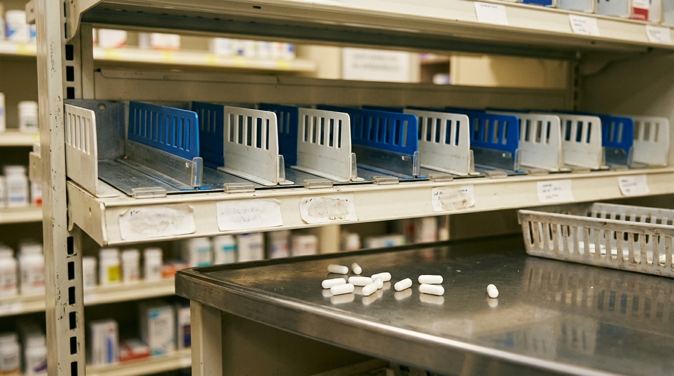 Gélules blanches éparpillées sur un comptoir de pharmacie