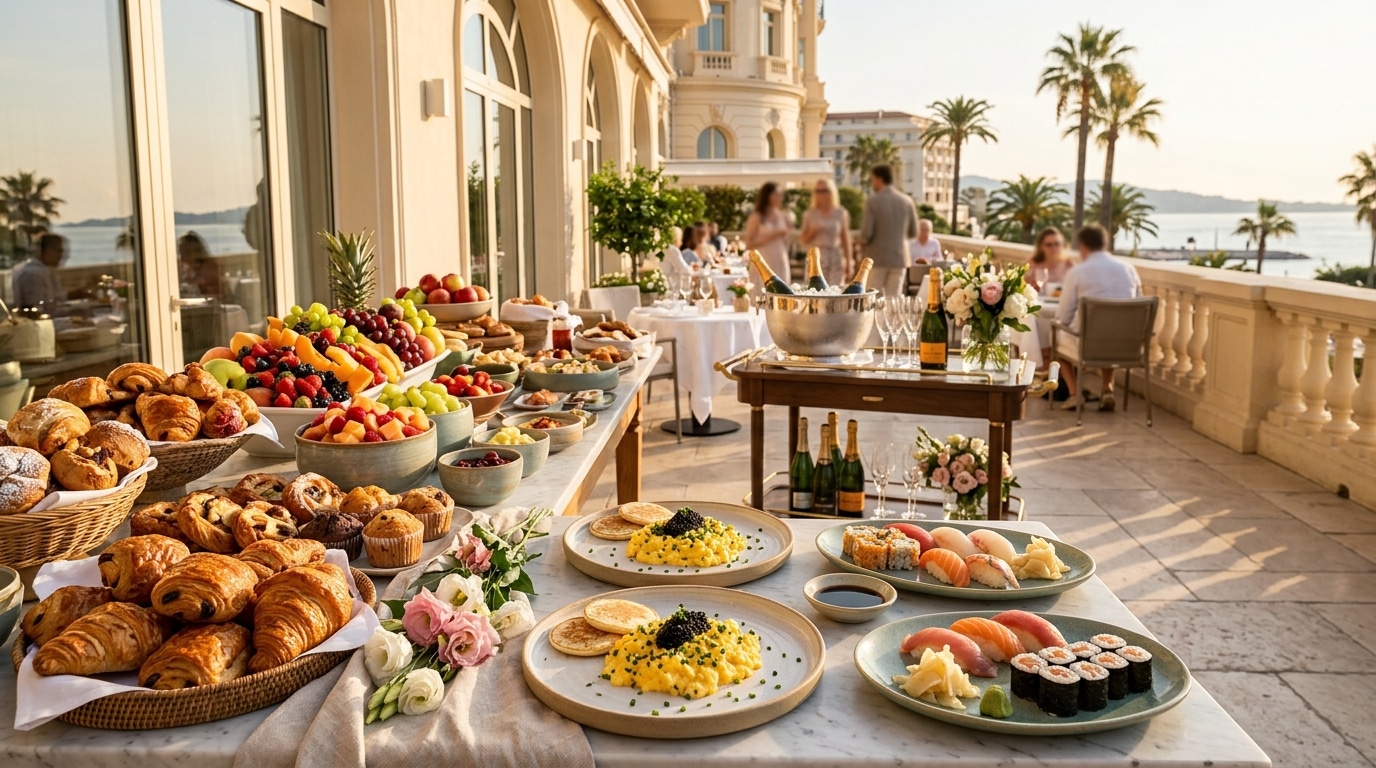 Buffet de petit-déjeuner luxueux avec caviar et pâtisseries