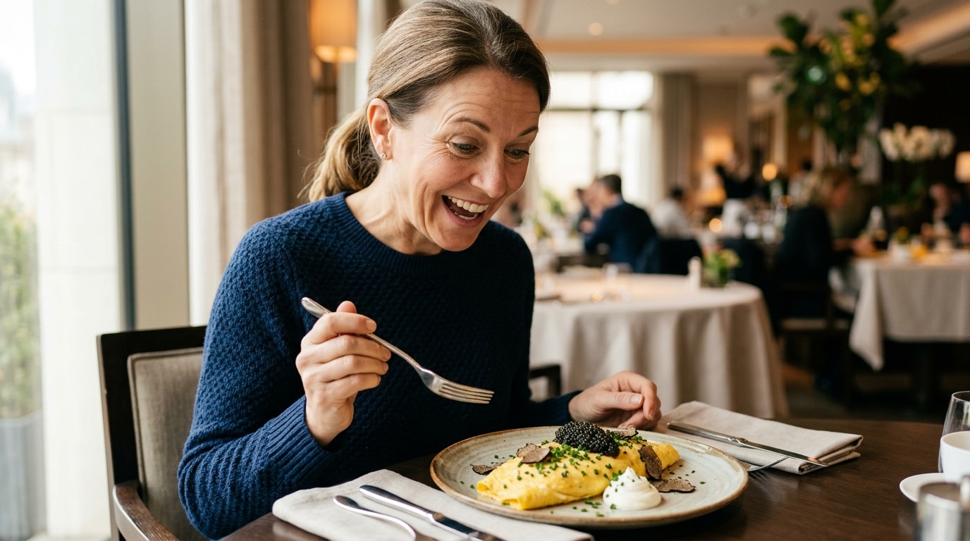 Client souriant devant une omelette à la truffe