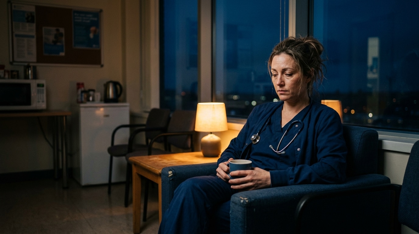 Infirmière de nuit fatiguée en pause à l'hôpital