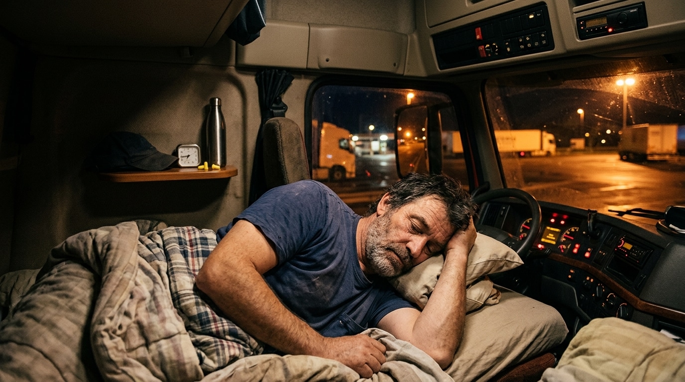 Chauffeur routier reposant dans sa cabine de camion