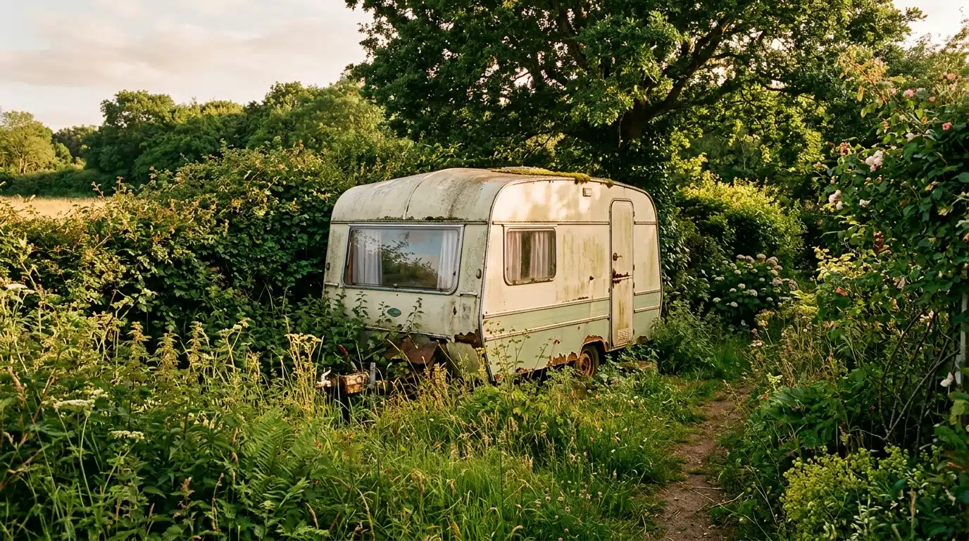 Mobil-home immobile au fond d'un jardin verdoyant