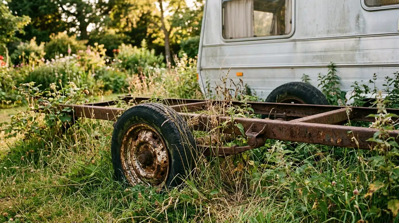 Roues rouillées sous le châssis d'un mobil-home