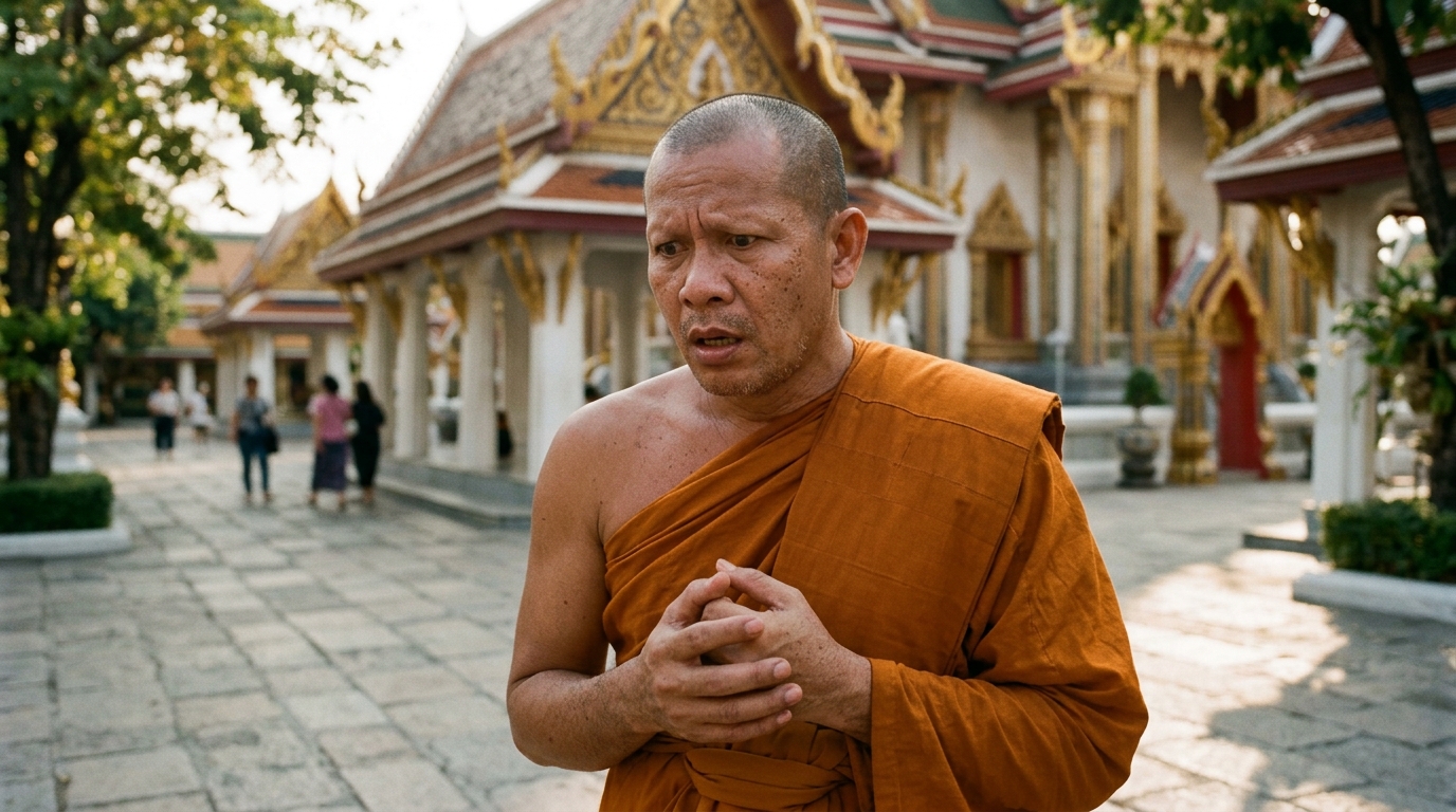 Moine bouddhiste au visage inquiet devant un temple thaïlandais