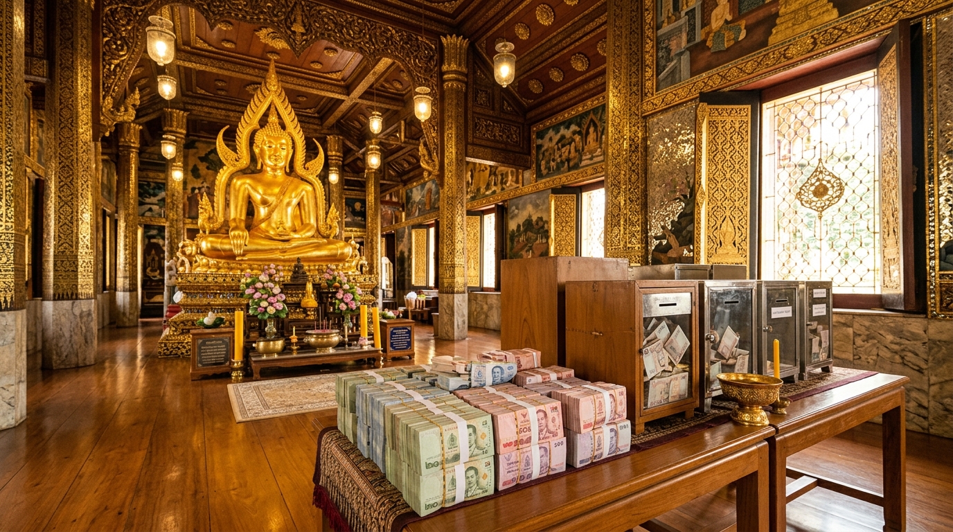 Boîtes de donations et billets de baht dans un temple doré