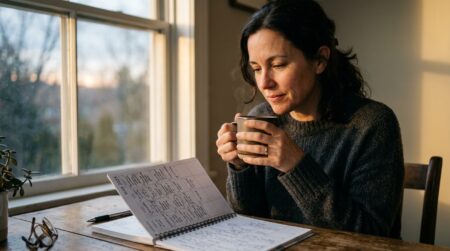 Personne pensive avec un café face à un agenda