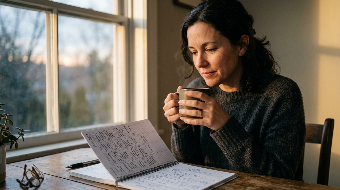 Personne pensive avec un café face à un agenda