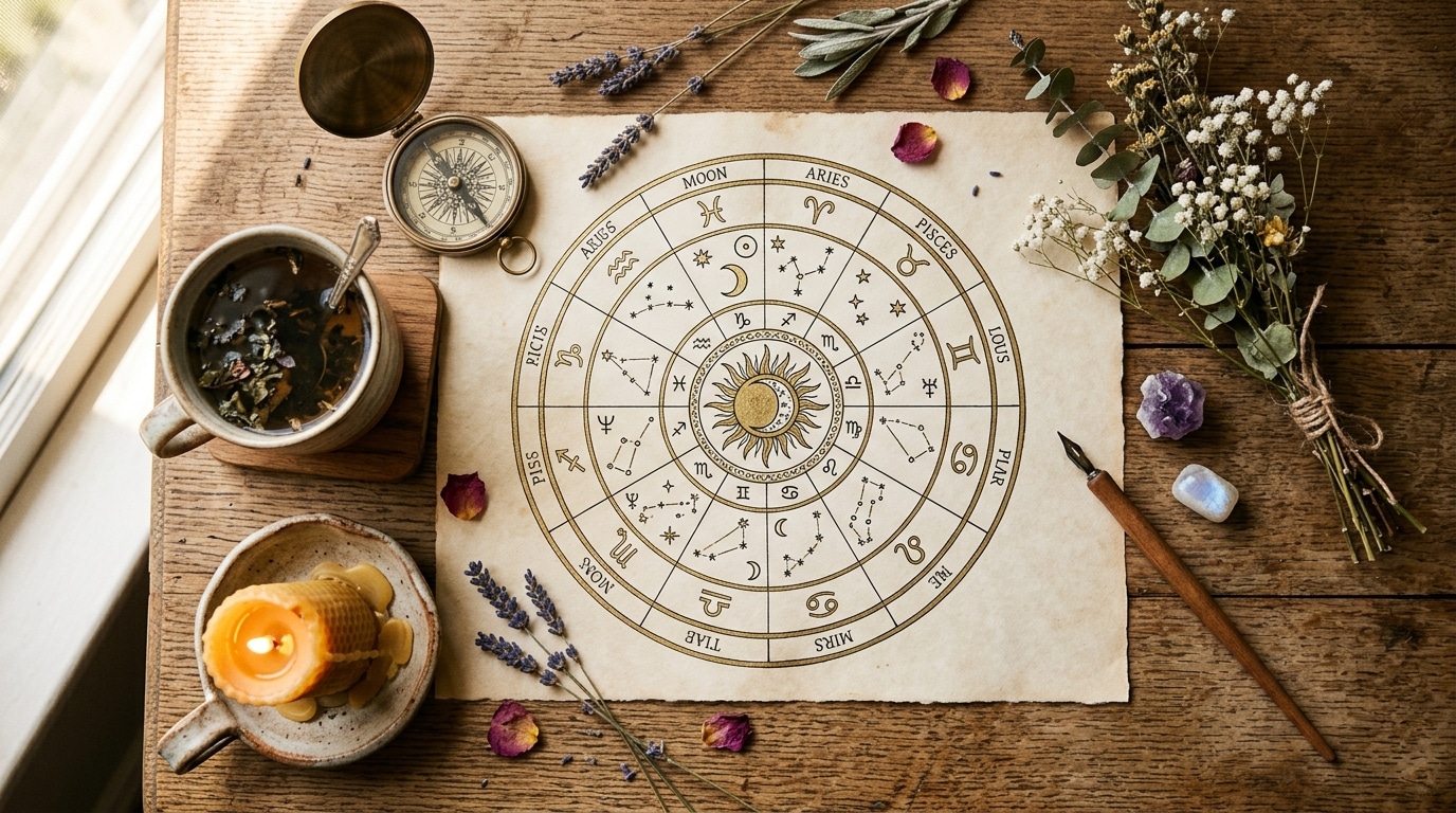 Table en bois avec chart astrologique et bougie