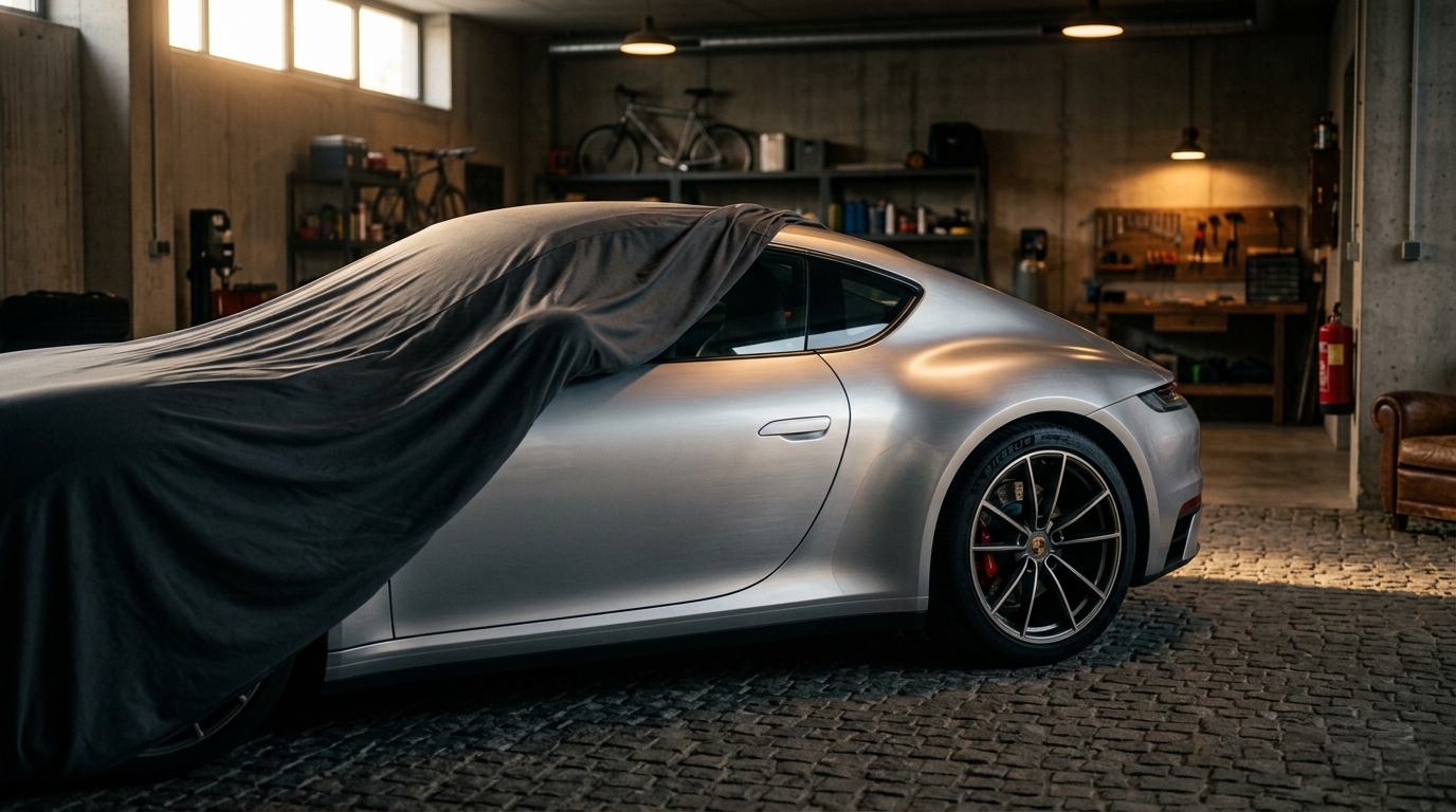 Prototype de sportive allemande sous housse en garage