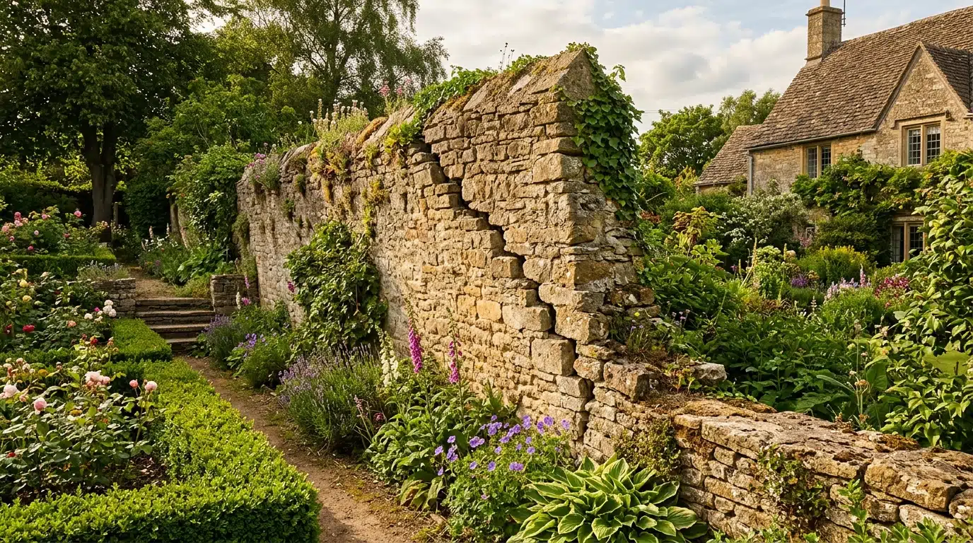 Mur en pierre fissuré et penché entre deux jardins