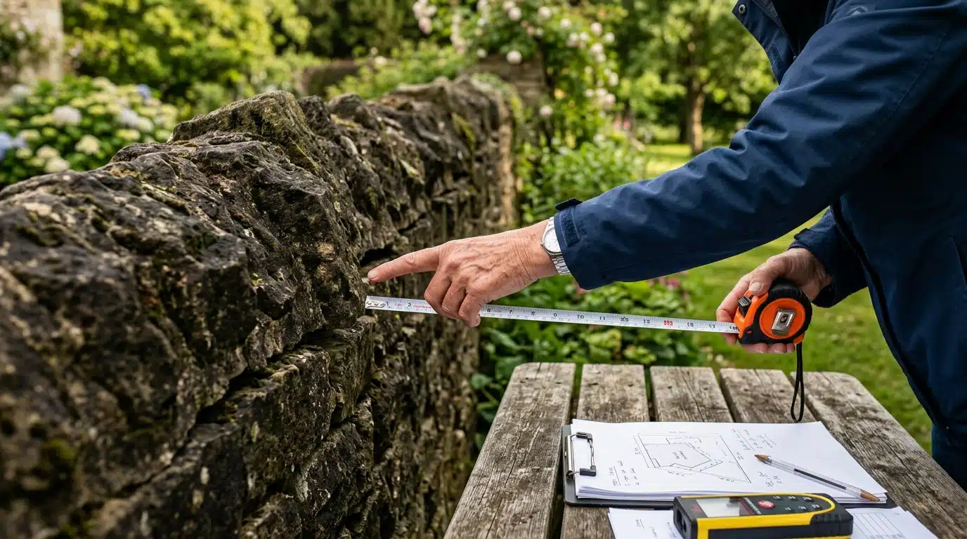 Géomètre mesurant un mur mitoyen avec des documents